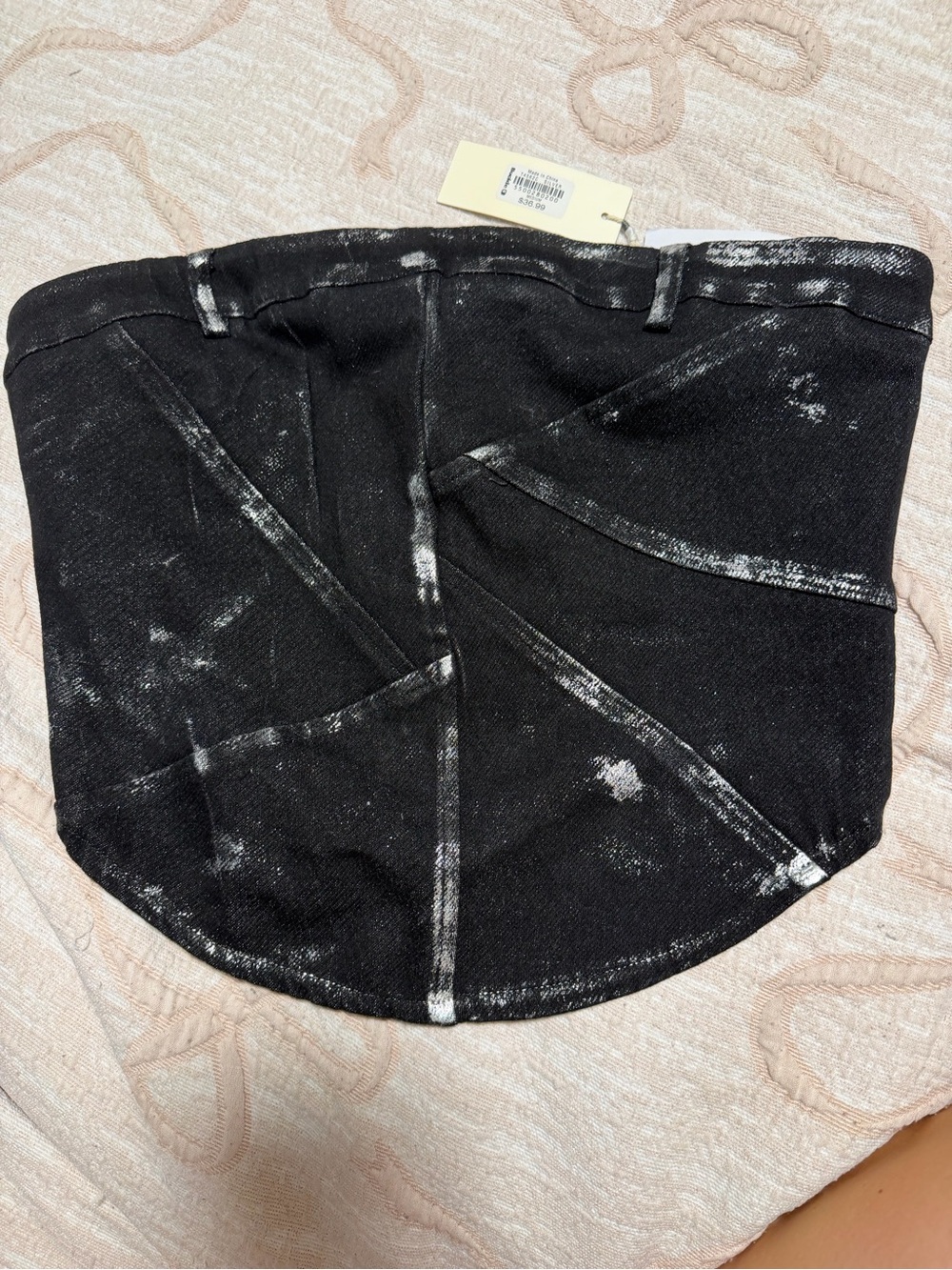 Gilded Intent Black and White Distressed Strapless Crop Top
